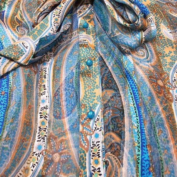 Vintage The Silk‎ Farm Paisley Silk Blouse Gold Metallic Thread Bow Size 8 - Picture 5 of 7